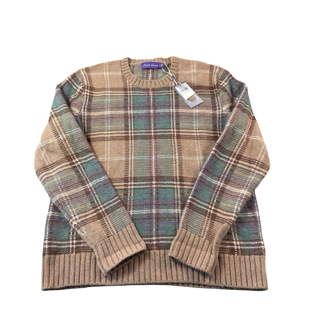 Ralph Lauren Purple Label Brown Green Purple Knit Cashmere Wool Crewneck L NWT